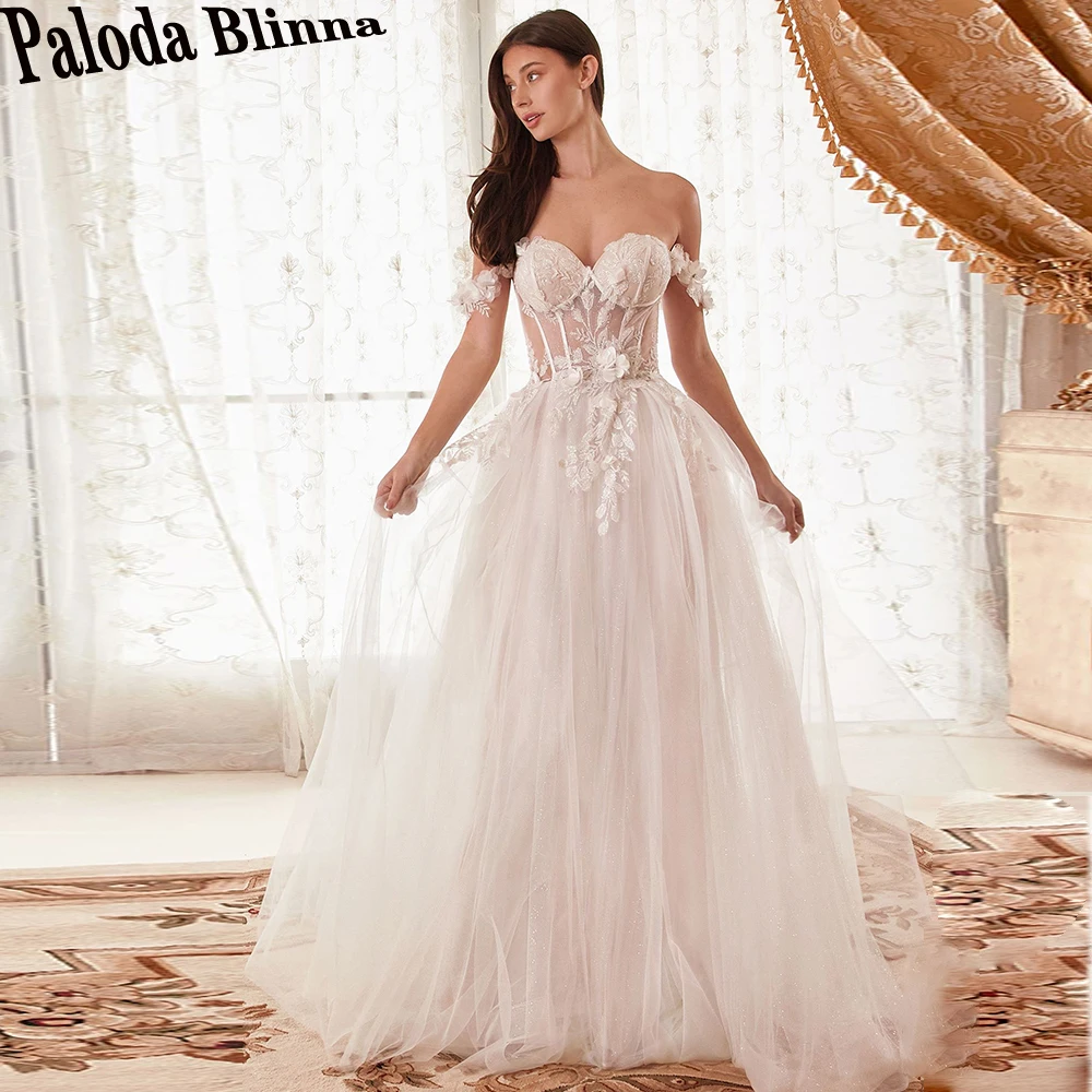 

Paloda Charming Sweetheart Illusion Wedding Dresses 2023 Bride Off The Shoulder Zipper A-LINE Tulle Short Sleeves Court Train