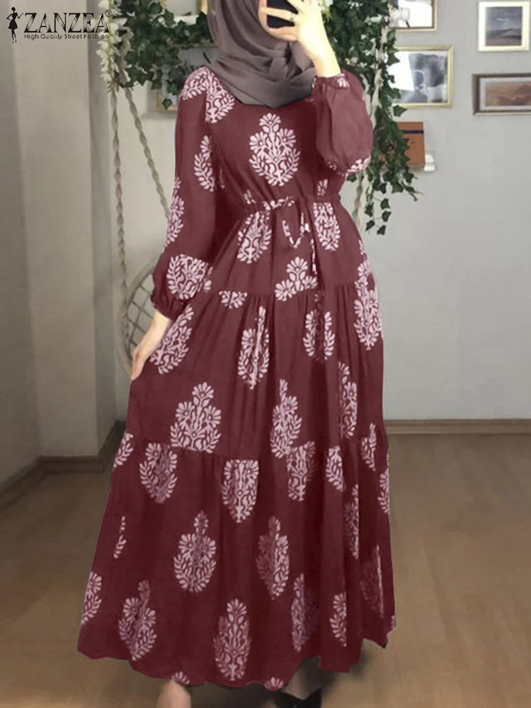 

ZANZEA Women Muslim Dresses Islamic Clothing Kaftan Printed Robe Casual Loose Dress Full Sleeve Morocco Abaya Hijab Long Dress