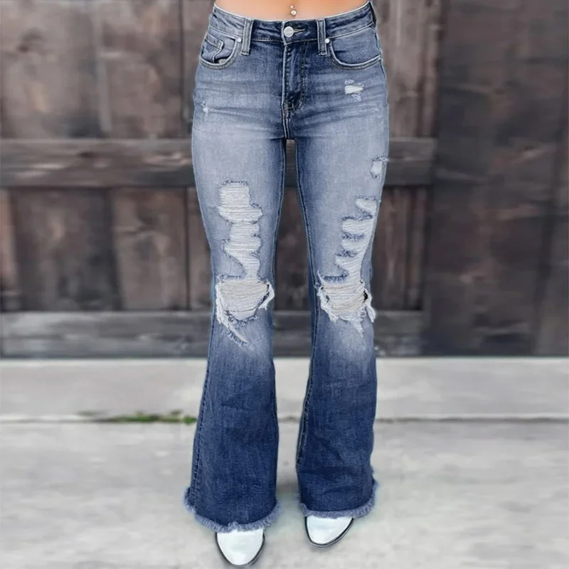 

2023 повседневные узкие джинсы, женские джинсы с завышенной талией, новые удобные перфорированные эластичные джинсовые брюки-клеш
