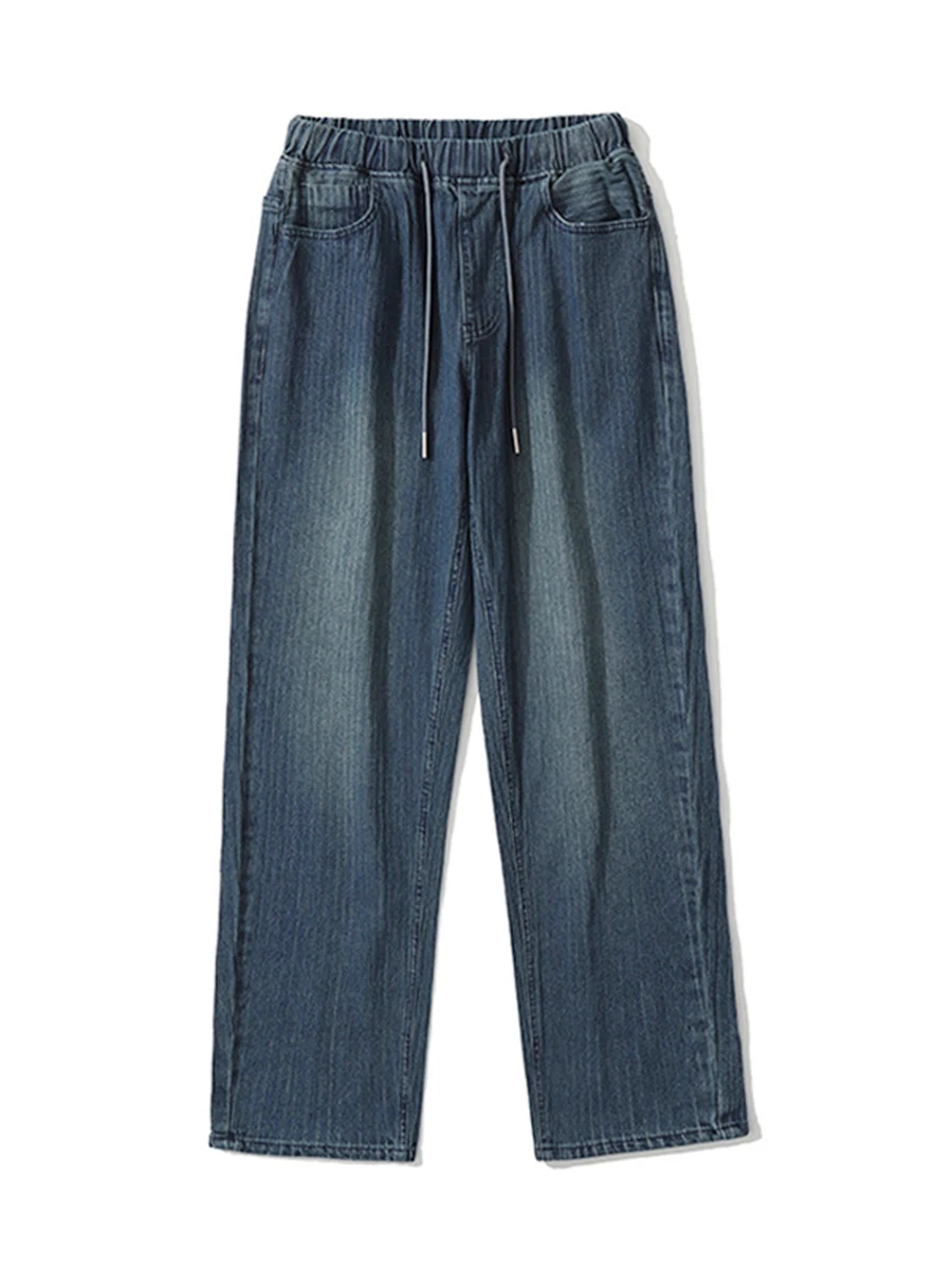 Four Seasons Large Size American High Street Loose Straight Jeans Men's Wide Leg Elastic Waist Trousers Y2K Men Jeans Streetwear