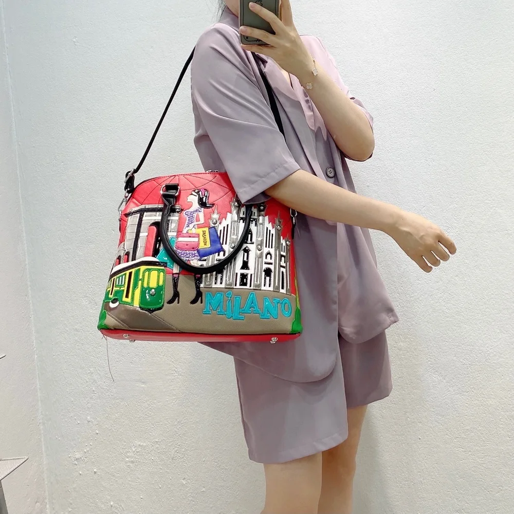 Women's Bag Summer 2022 Fashion Leather Patchwork Embroidery Shoulder Bag Messenger Bag Multifunction Backpack Handbag Shell Bag