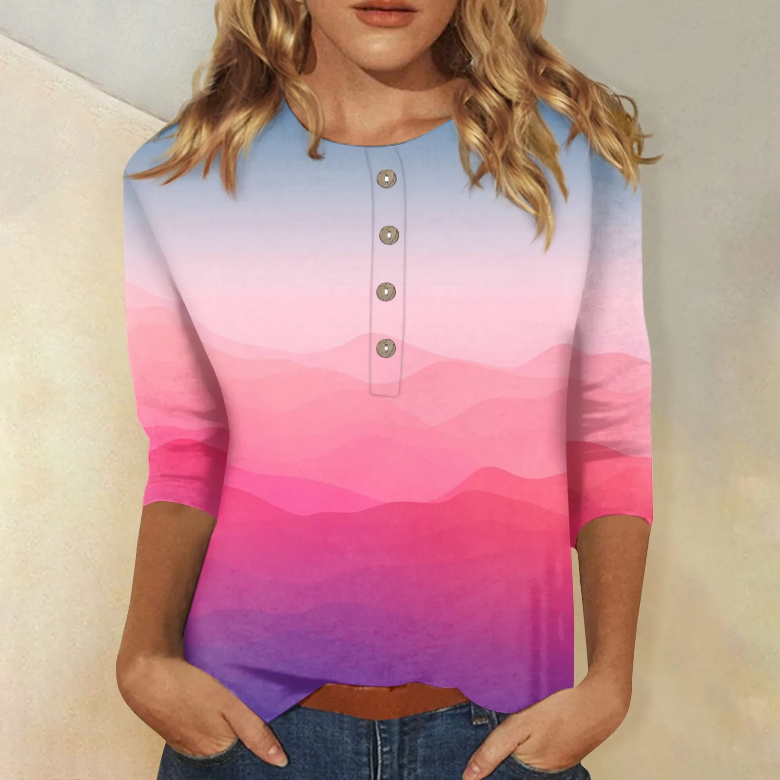 

Women's Blouse Button Round Neck 3/4 Sleeve Shirts Fashion Print T-shirts Ladies Casual Blouse Loose Work Tunic Casual Top 2023