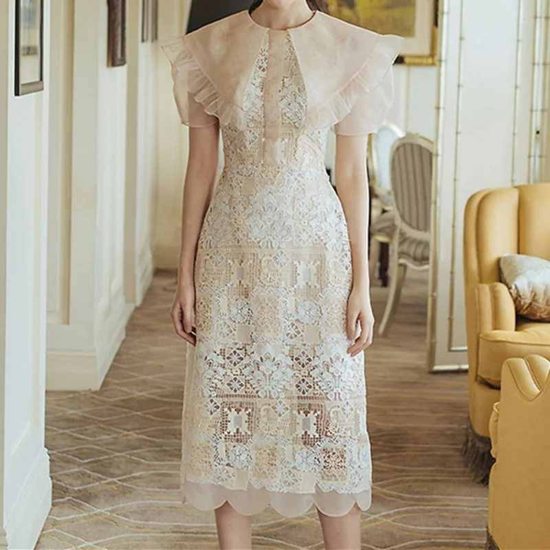 

elegance Peter pan Collar Short Sleeve Woman Ruffle Embroidery hollow out Lace Dresses Skinny Women Clothing Summer