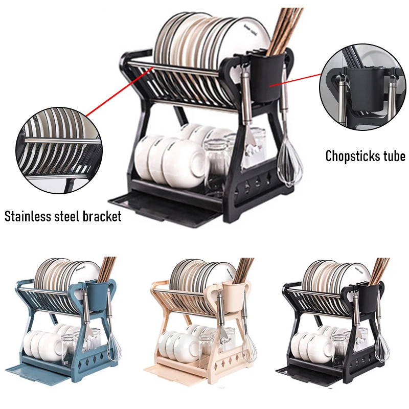 

Household Dishware Drainer, 2-Layer Storage Rack with Chopstick Cage, Dish Filter, Tray Organizer kitchen accessories organizer
