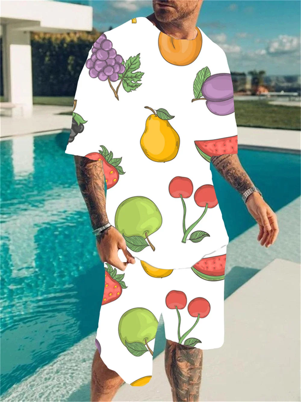 

Комплект летней повседневной гавайской милой мужской футболки с фруктами, уличная одежда, футболка и шорты, модный костюм в пляжном стиле, к...