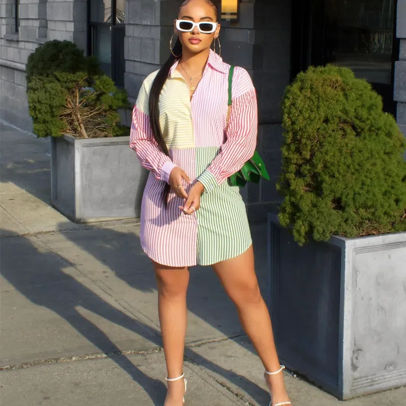 

Женские платья-рубашки, весна-лето 2023, полосатые сшитые мешковатые мини-рубашки на пуговицах, красивые женские блузки А-силуэта, рубашки