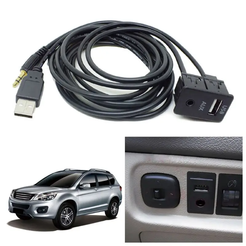 Auto Boat Bike Marine 3.5mm AUX USB Extension Cable Adapter 1.5M Car Dash Flush Mount Port Panel Transmits Audio Video images - 6