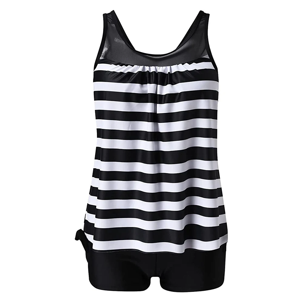 

Two Piece Tankini Swimsuits Striped for Women U Neck Tank Top with Boyshorts for Women Ladies Control Elastic Shorts MC889