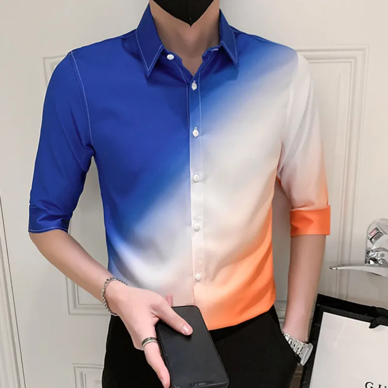 

Spring Summer Gradient Half Sleeve Shirts Men Slim Fit Social Party Tuxedo Blouse Nightclub DJ Hairstylist Camisas Para Hombre