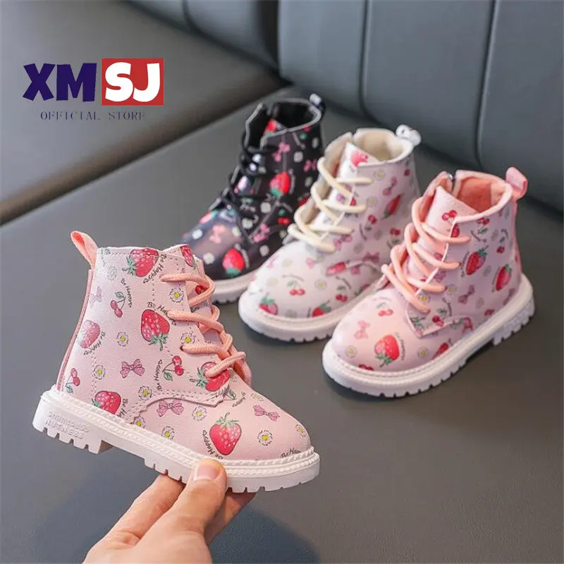 Children Warm Girl Baby British Leather Boots autumn  winter 2023 New Girls Boots Cute Strawberry Boots