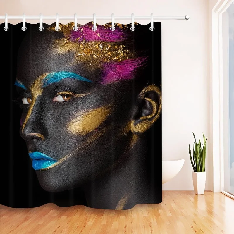 

Afro Girl Shower Curtain Black Girl Golden Lips with 12 Hooks In Washable Polyester Fabric Bathroom Accessories Decor Set