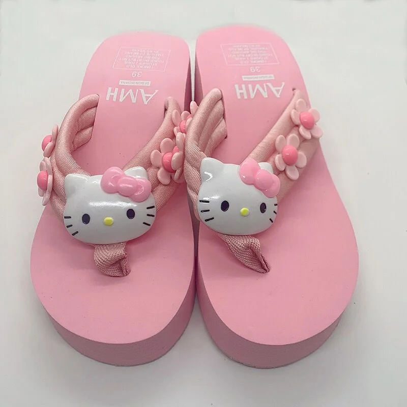 

Sanrio Hello Kitty Slippers Y2k Kawaii Cartoon Sandals Fashion Platform Shoes Women Wedge Flip Flop High Heels Slippers Ladies