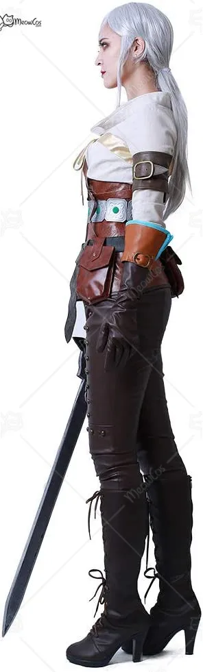 

Women's Ciri Cosplay Costume with Belts Gloves and Bags Woman Halloween Outfit