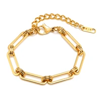 charm paperclip chain bracelet for women girls gold color rectangle link stainles steel bangle adjustable