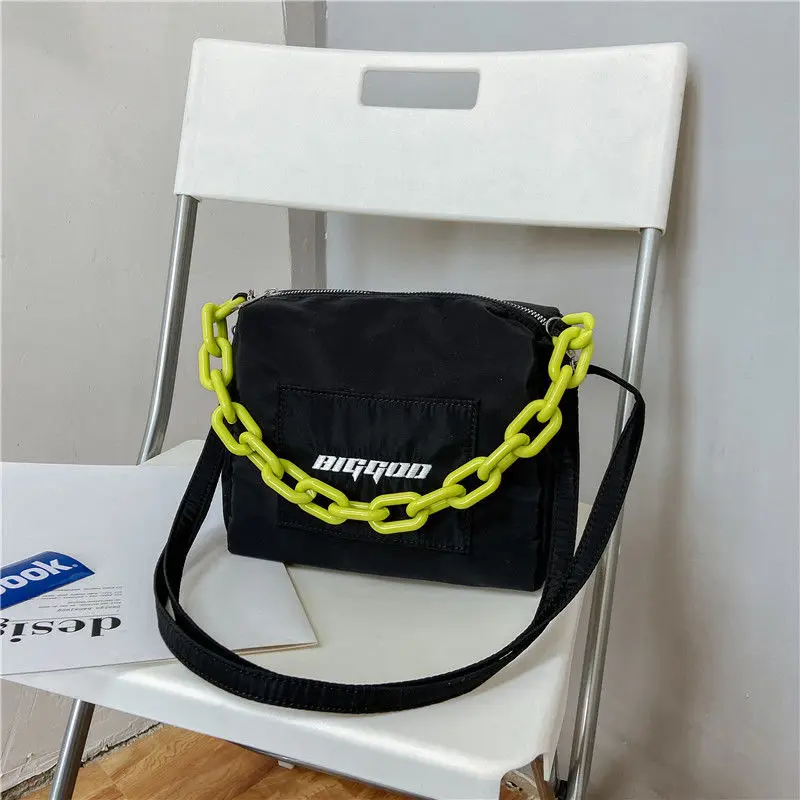 

Korea Ins Trend Young Girls Cool Shoulder Messenger Bags Orange Women Versatile Solid Leisure Street Hip Hop Chain Handbags