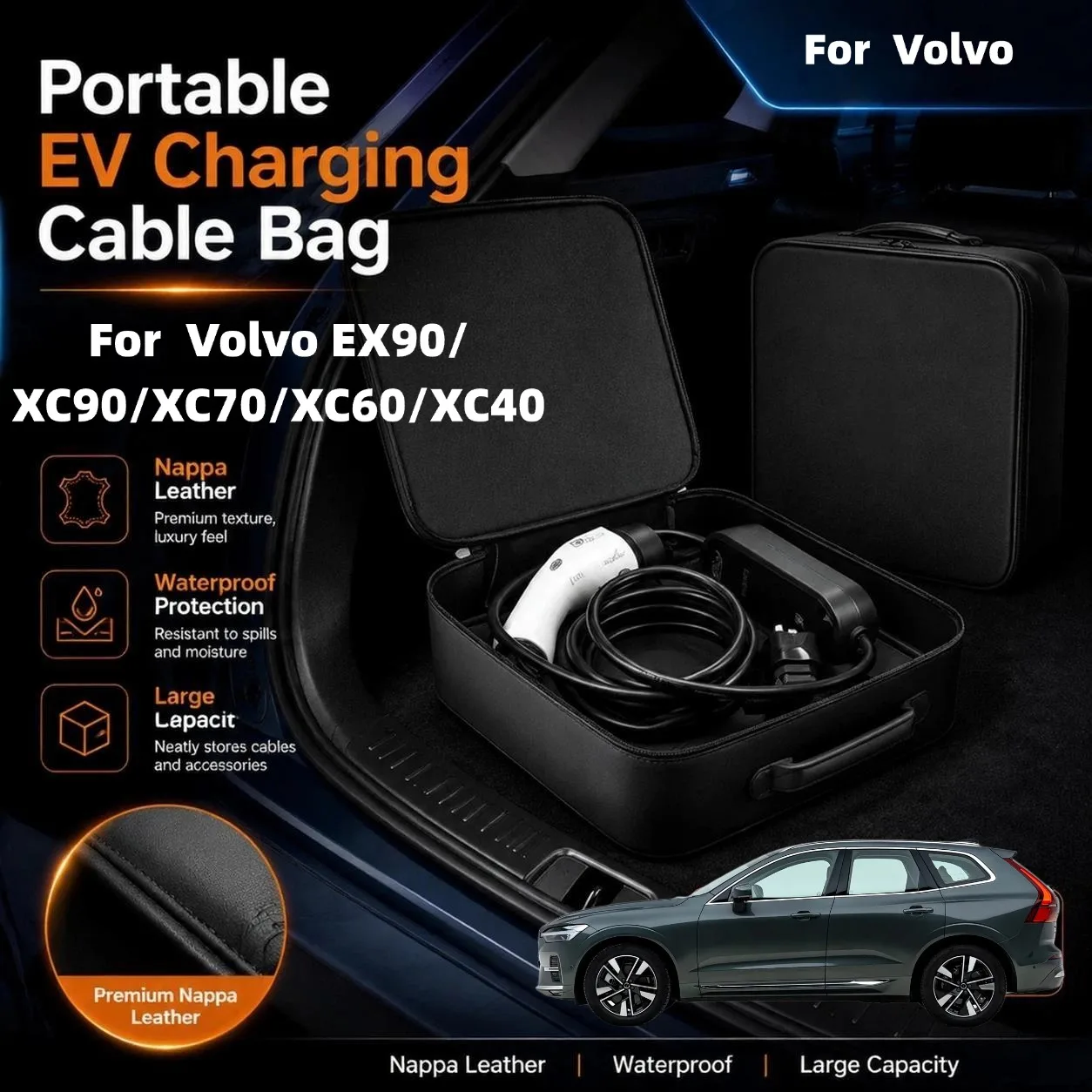 Фото Подходит для Volvo EX90/XC90/XC70/XC60/XC40 SPA Y20 P24: Сумка-органайзер для хранения зарядного кабеля электромобиля, органайзер для салона автомобиля №1