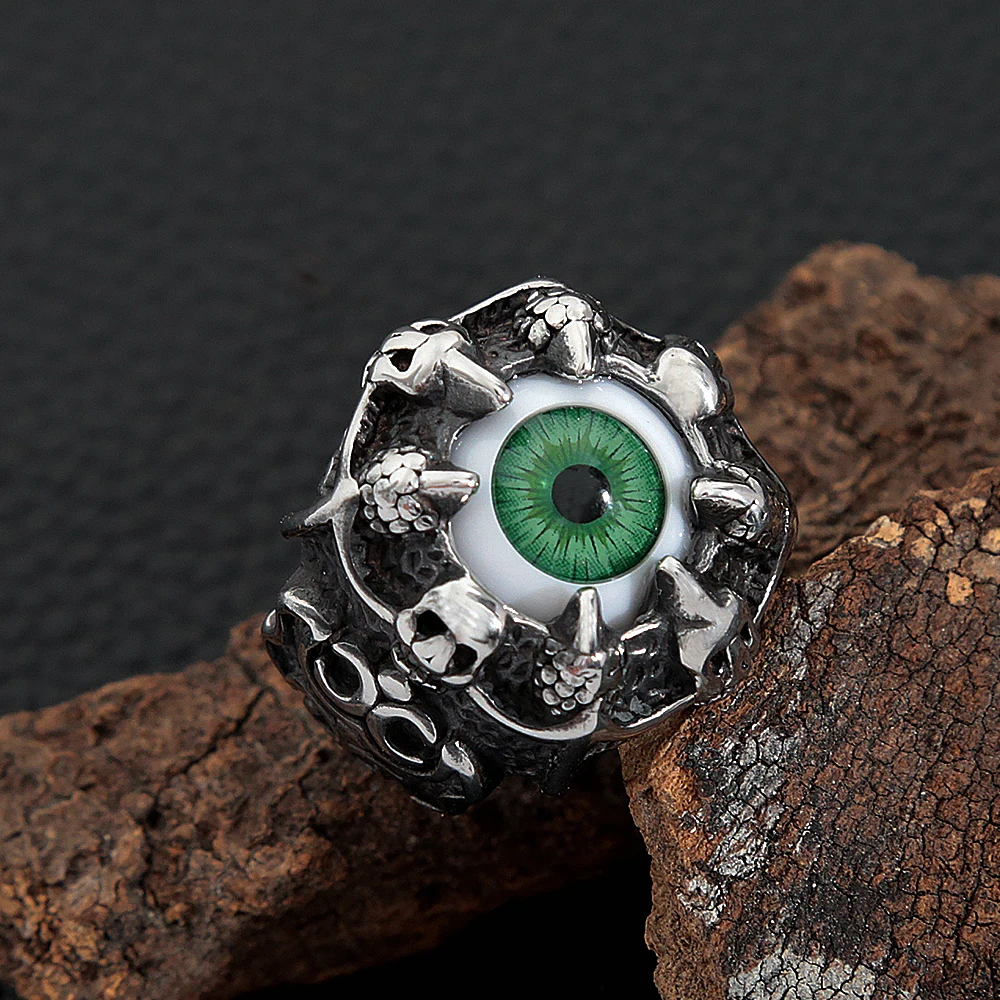 Gothic Evil Eye Rings Men Women Stainless Steel Green Eyeball Skull Claw Ring Punk Hip Hop Jewelry Accessories Halloween Gift images - 6