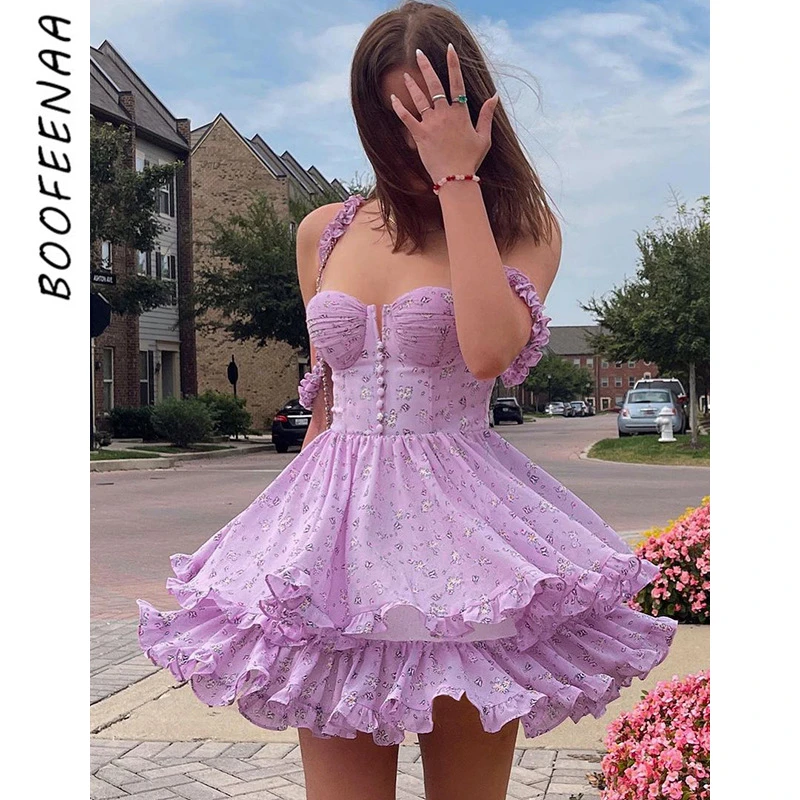 

BOOFEENAA Фиолетовые Летние Платья с цветочным принтом для женщин милые Сексуальные облегающие и расклешенные мини-платья во французском стиле...