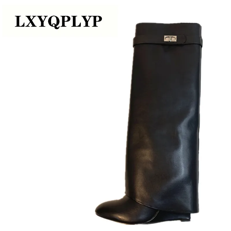 Brand Design Shark Lock Women Boots Sexy Thigh High Boots for Woman Motorcycle Botas Mujer Genuine Leather Platform Boots