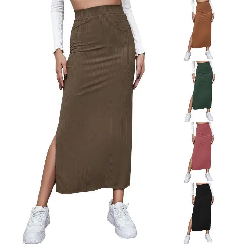 

Spring Autumn Elastic Waist Slim Slit Skirts For Women High Strecth Solid Color Ankle Length Casual Pencil Skirt Kroean Style