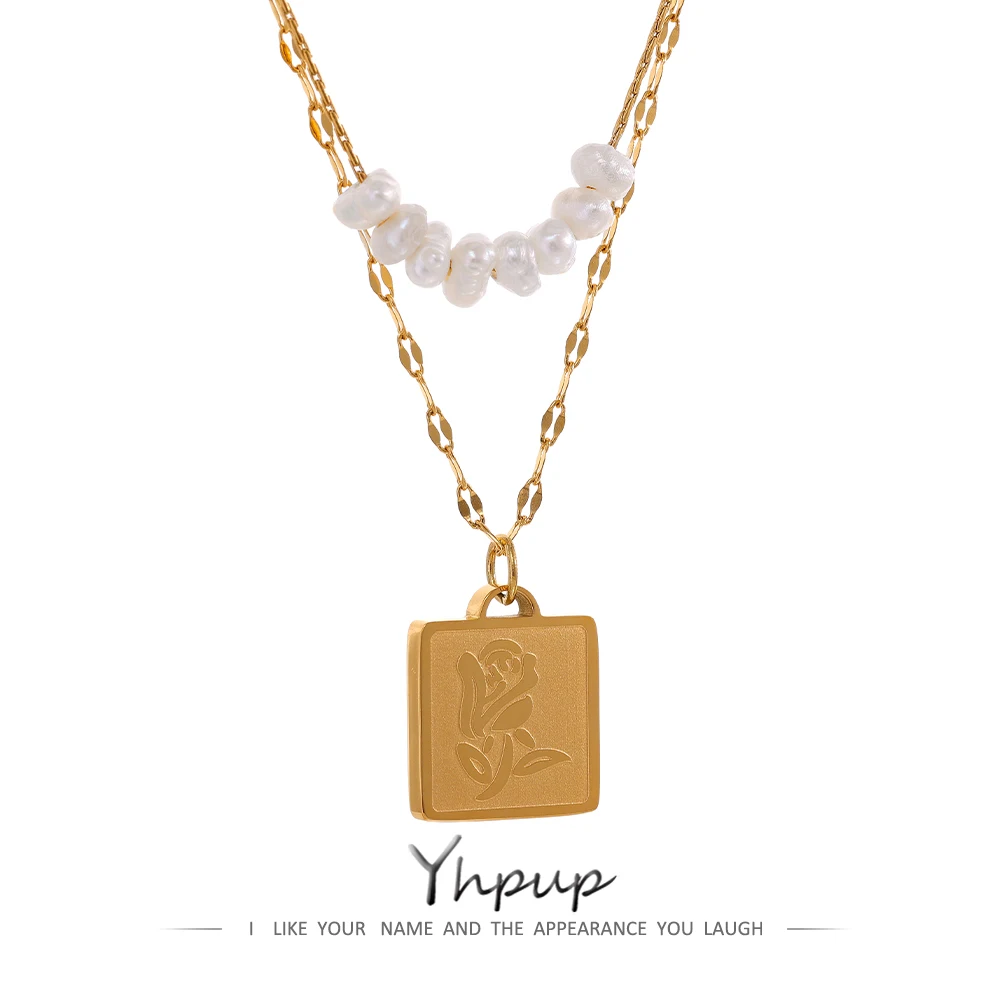 

Yhpup Stainless Steel Natural Pearls Flower Square Pendant Neckalce France Metal Layered Chain Romantic Fashion Gold Jewelry