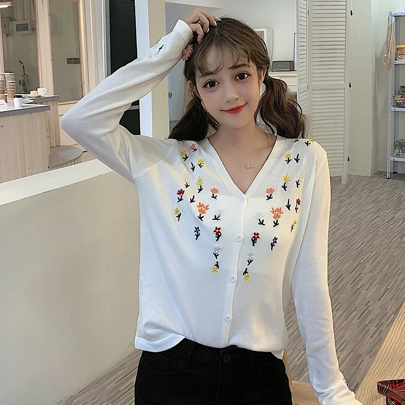 Кардиган с вышивкой женский свитер длинным рукавом летние топы тонкий простой