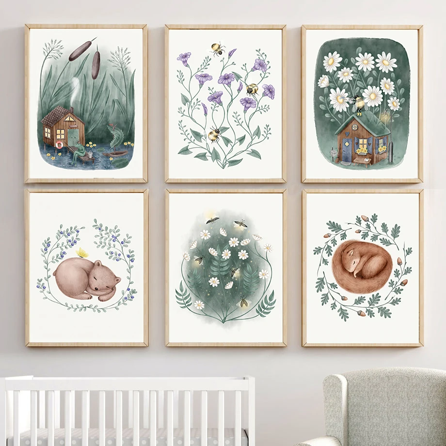 

Cartoon Bee Butterfly Bear Squirrel Flowers Nordic Posters And Prints Wall Art Canvas Painting Wall Pictures For Kids Room Decor