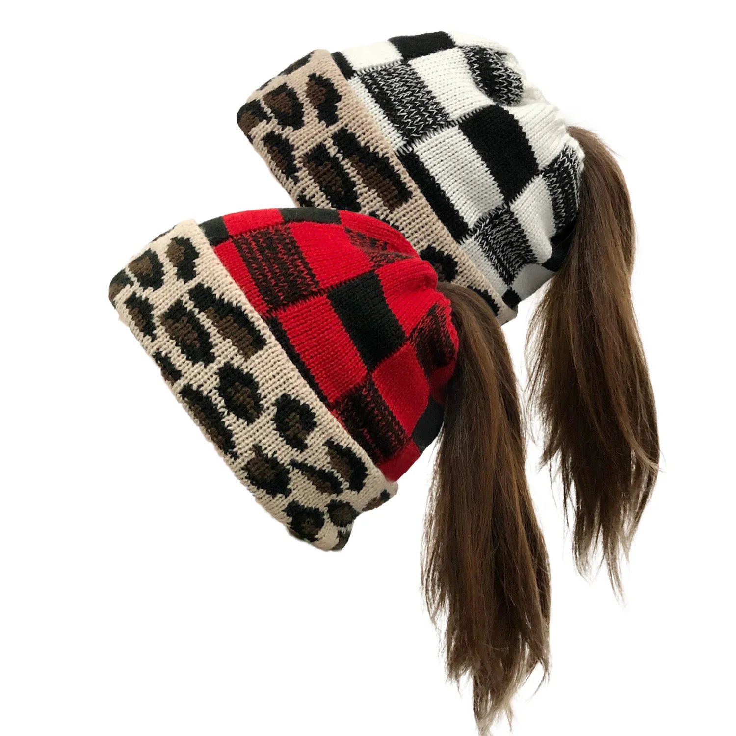 

European and American Knitted Woolen Cap Leopard Plaid Ponytail Autumn and Winter New Fashion Hat hats for women