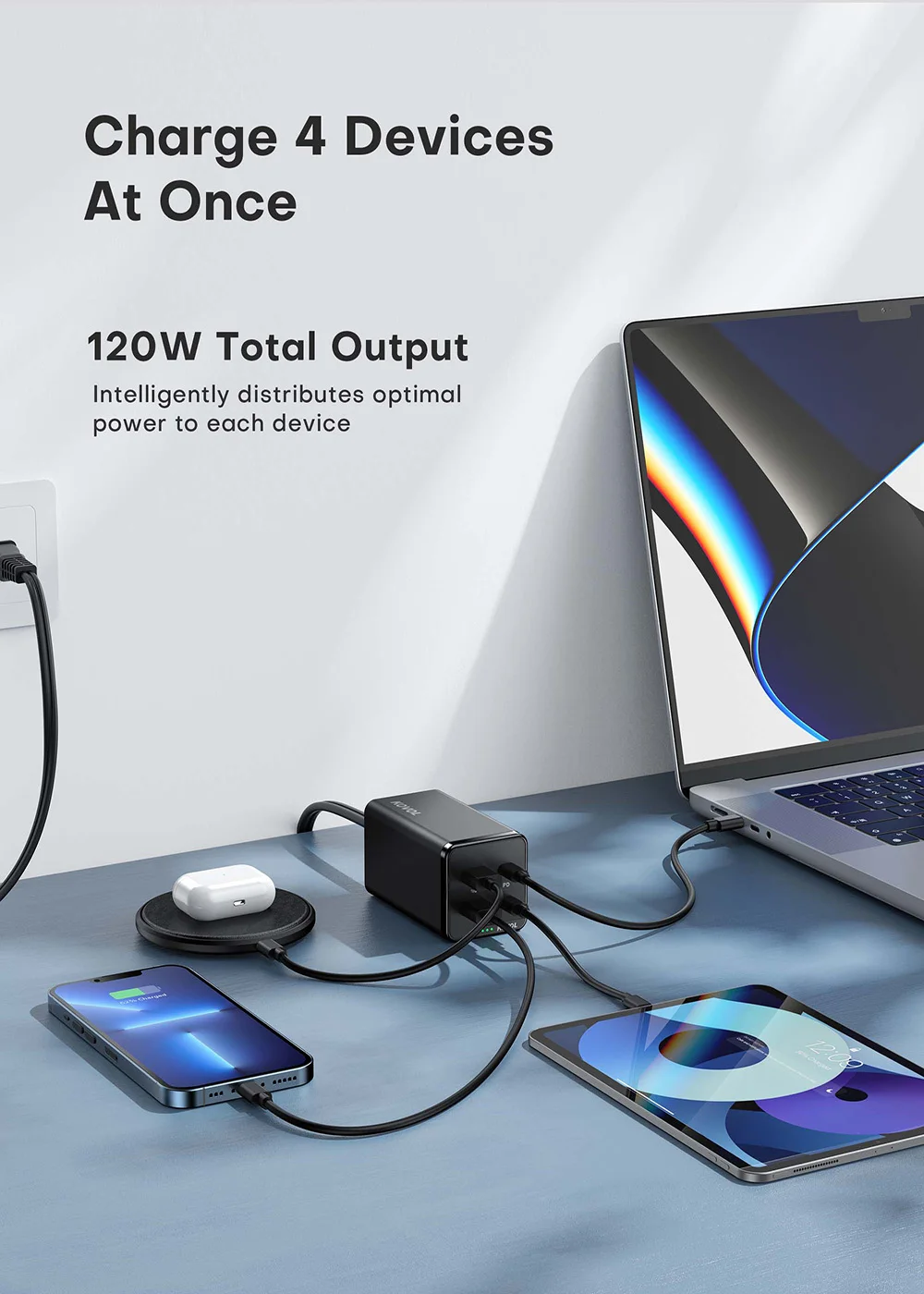 KOVOL 120W Charger GaN 100W PPS PD QC 3.0 Desktop Laptop Fast Charge For iPhone 13 12 Pro Max Samsung Xiaomi Phone Charger