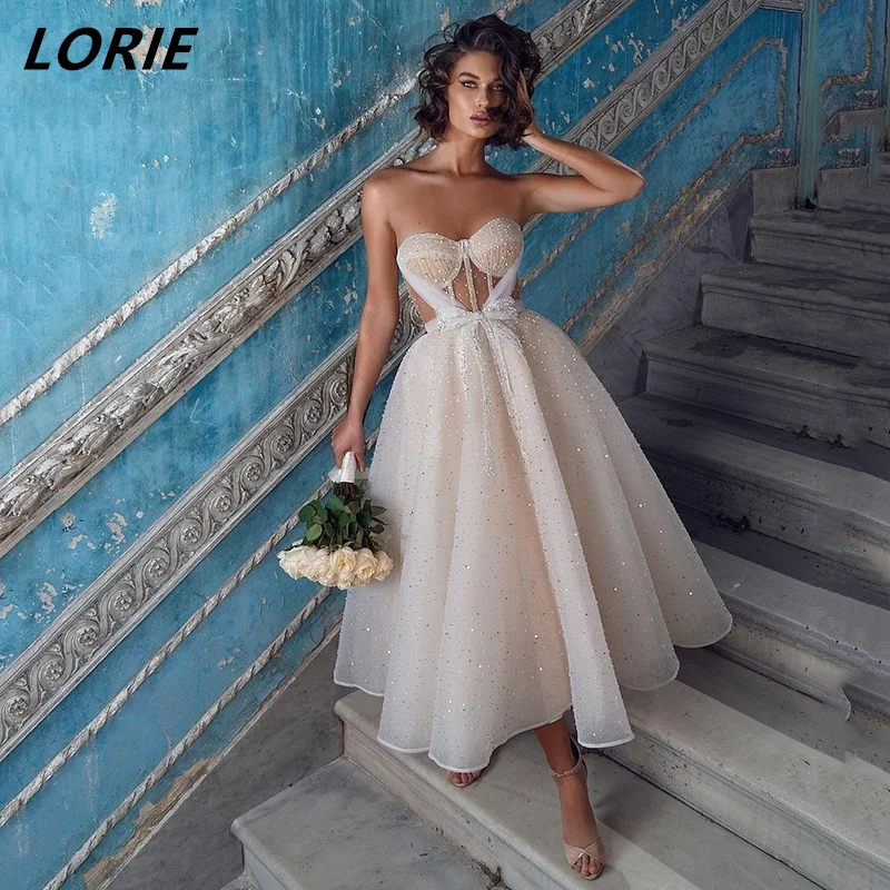 

LORIE Glitter Bow Sashes Off Shoulder Prom Dresses Strapless Sleeveless A-Line Formal Evening Party Gowns Princess Pageant Dress
