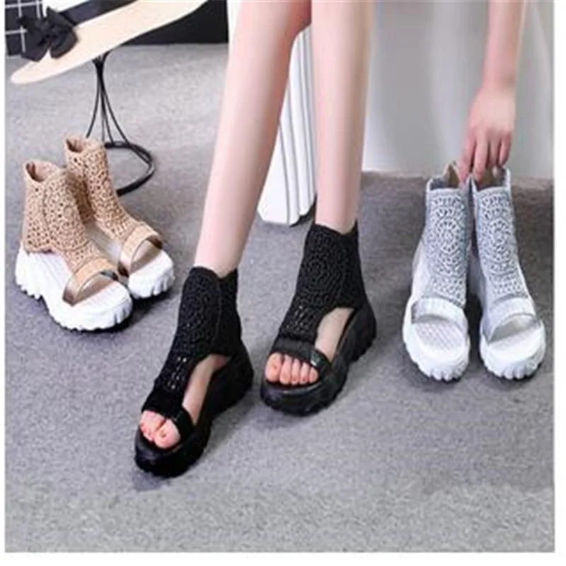Sandals Women Braided Geometric Wedge Sandals Knitted Elastic Summer Shoes Mesh Flat Sandals Hollow Female Platform Shoes