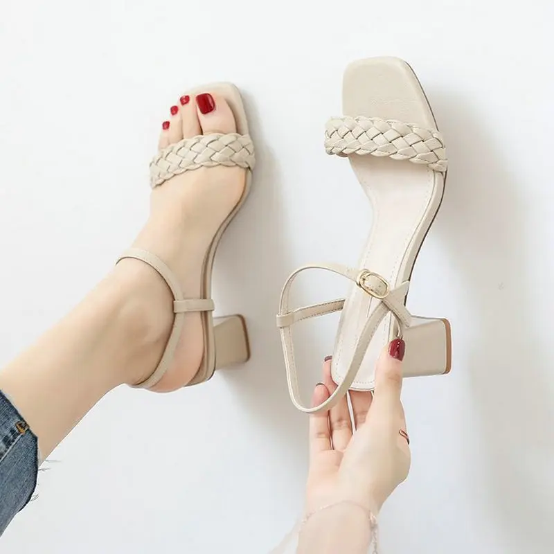 2023 New Summer Women Sandals Square Toed High Heels Open Toe Women Shoes Solid Soft Comfort Buckle Female Zapatillas De Mujer