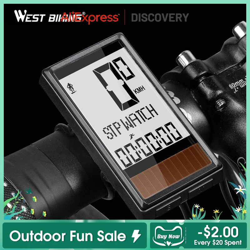 

Велокомпьютер WEST BIKING, водонепроницаемый беспроводной Велосипедный спидометр, секундомер, 5 языков, компьютер для велосипеда на солнечной батарее, спидометр