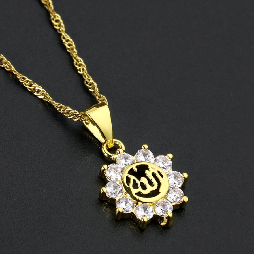 Gold Allah Necklace Zircon Islam Mohammedanism Pendnat Arabic Single Figure Amulet Sun Flower Woman Birthday Party Jewelry Gift | Украшения