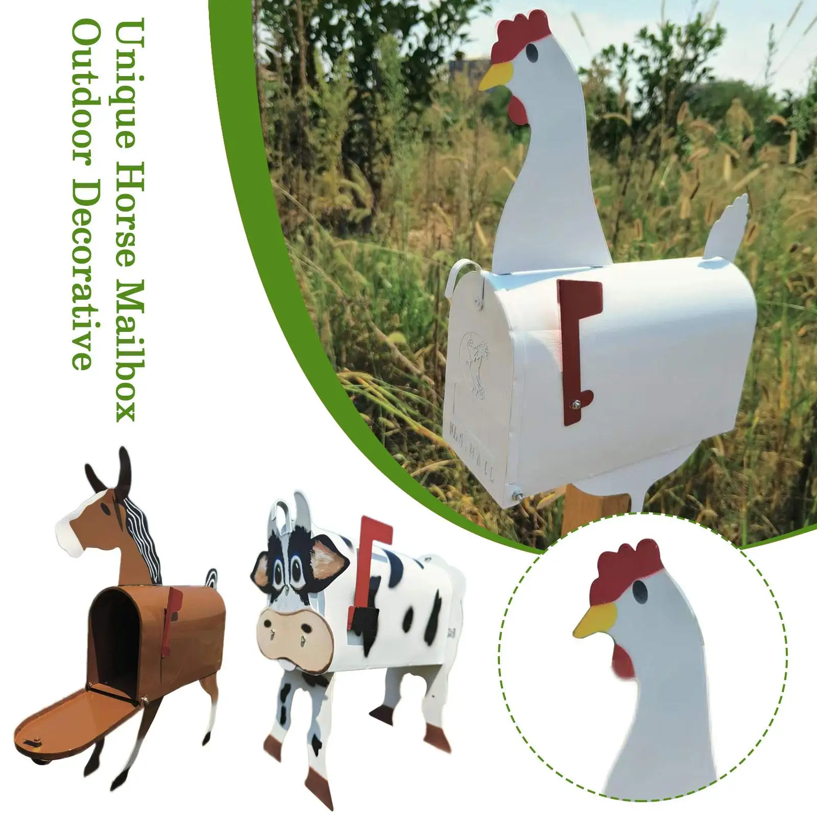 

Unique Chicken Cow Horse Mailbox Metal Wall Mounted Post Box Weatherproof Farm Animal Mailboxes Outside Garden Decoration Crafts