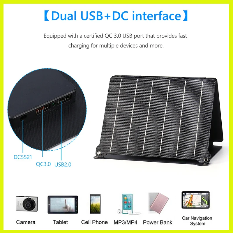 

Водонепроницаемый внешний аккумулятор на солнечной батарее с карабином, 5 В/12 В, 30 Вт