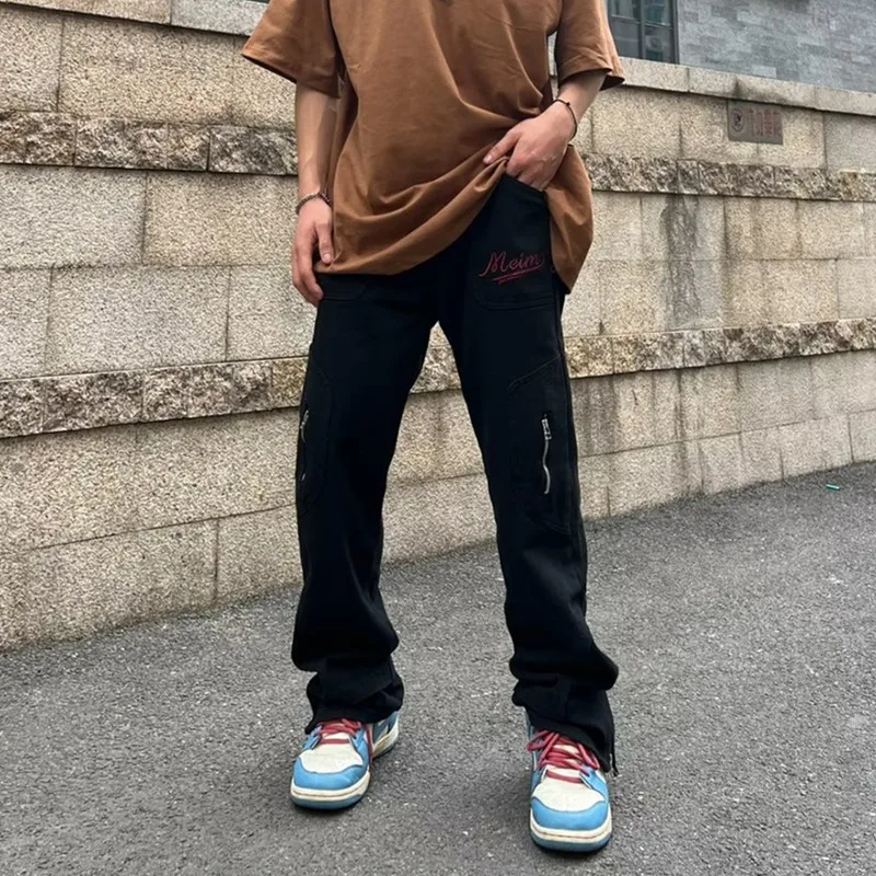 New Fashion Letter Embroidery Vintage Brown Men Cargo Jeans Pants Ankle Zipper Hip Hop Baggy Straight Denim Trousers Pantalones