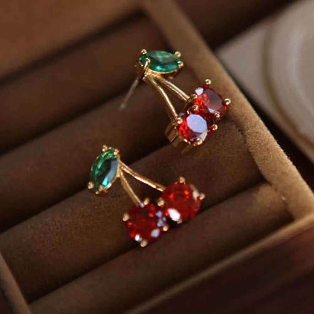 Женские серьги-гвоздики в виде вишни с красным Цирконом