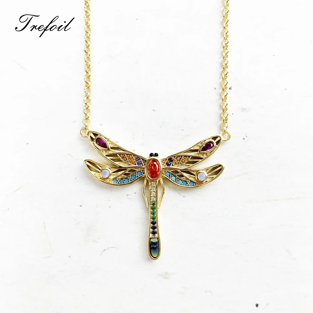 

Necklace Dragonfly Colorful Stones 925 Stering Silver Golden Brand New Link Chain Fine Jewelry Lucky Bijoux Gift For Women