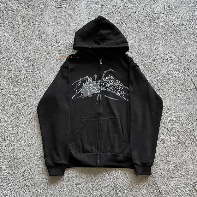 

Модная толстовка с капюшоном для мужчин и женщин, Модный свитшот на молнии, пальто, новый дизайн с вышивкой в виде американского паука, ретро худи, повседневная куртка