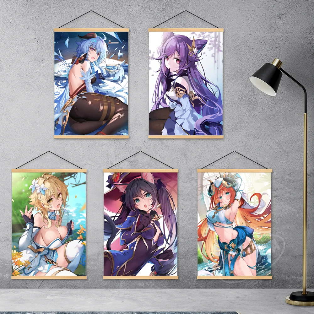 

Canvas Genshin Impact Home Decoration Game Wall Keqing Artwork Shenhe Painting Mona Hanging Wooden Nilou Print Picture Poster