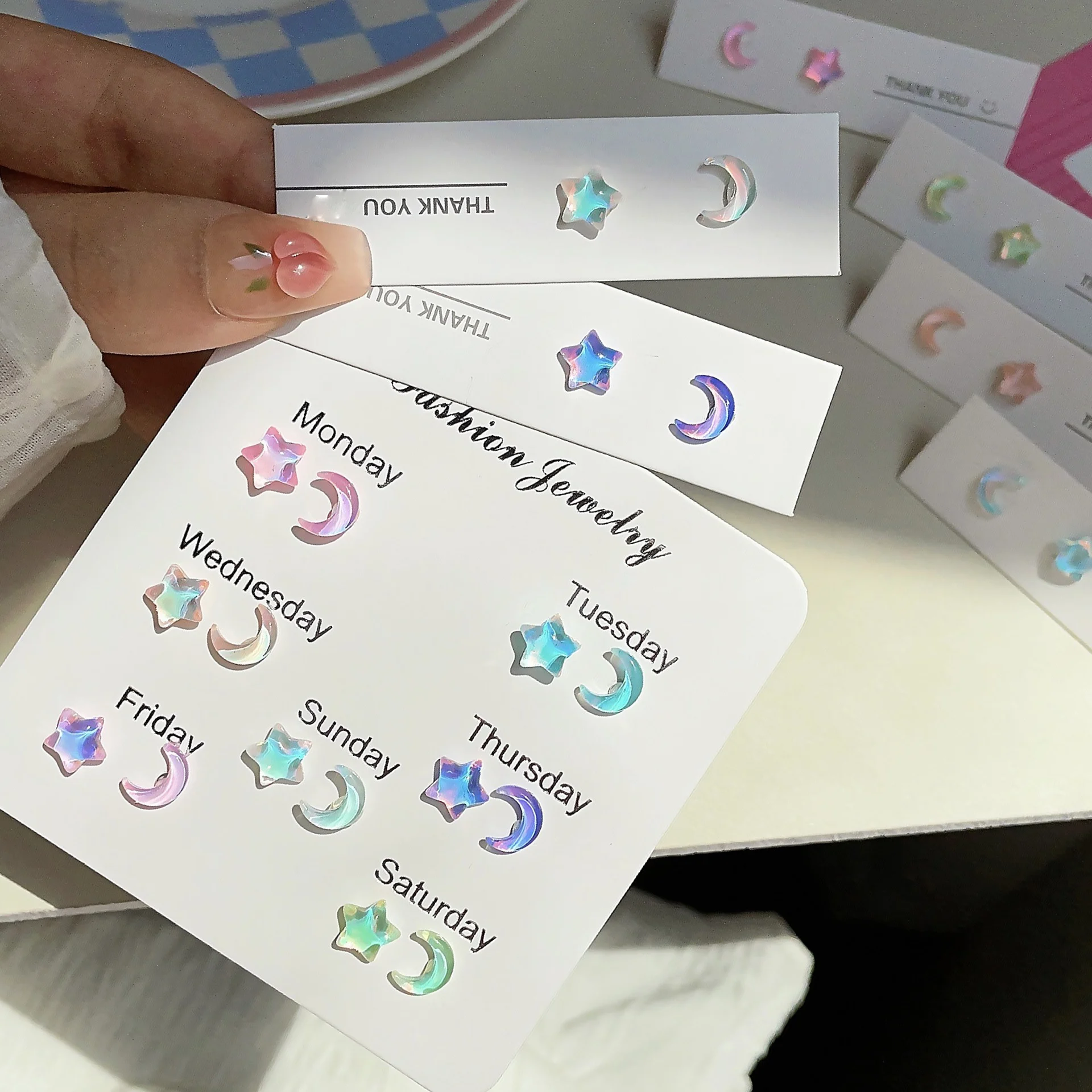 

7 Pairs Week Days Star Moon Stud Earrings For Women 2023 Trend Fashion Simple Korean Ear Stud Color Acrylic One Week Earring Set