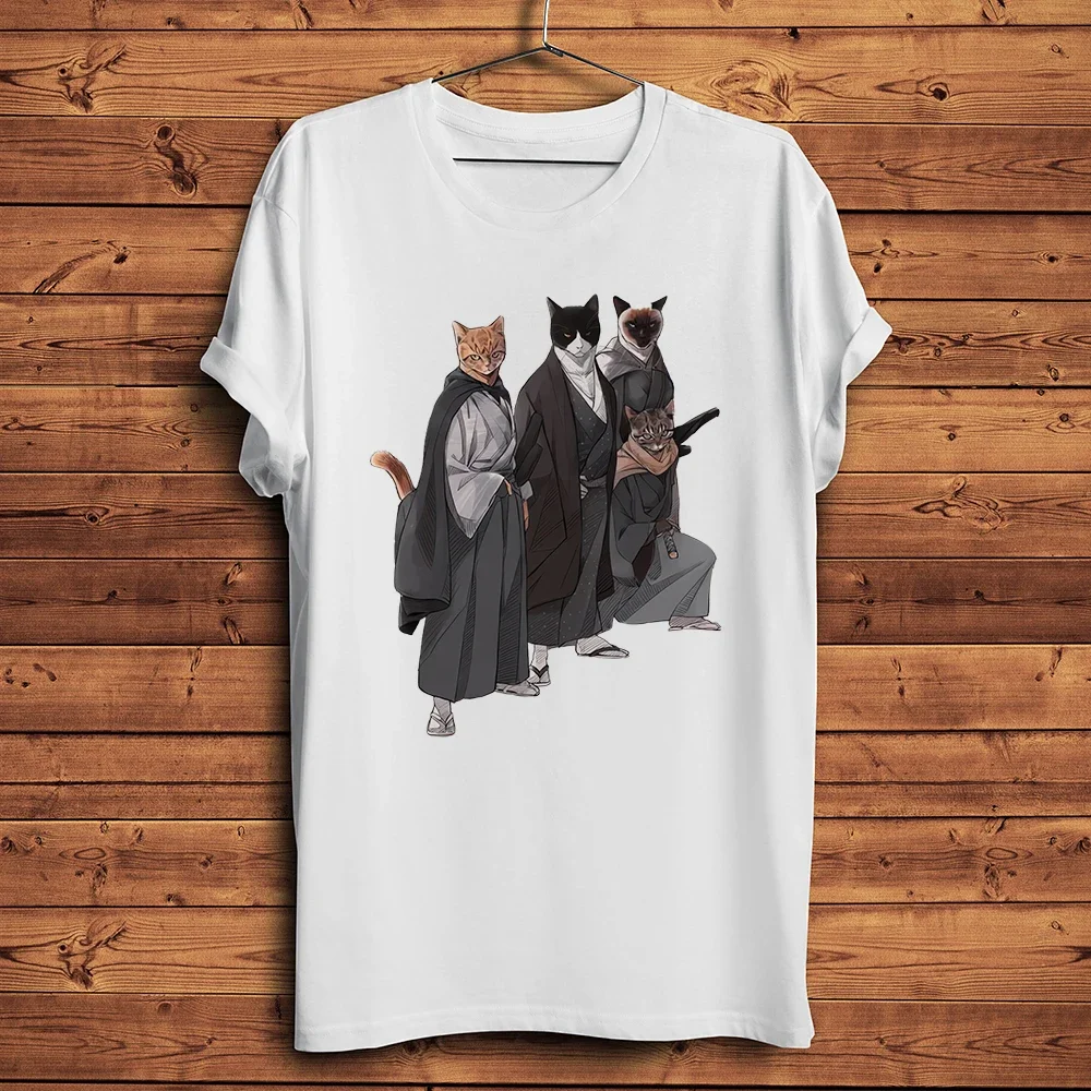 Фото Neko Samurai Ninja Cat Warrior Funny Meow футболка, мужская повседневная футболка с короткими рукавами Homme, уличная футболка унисекс с мангой, дышащая №1