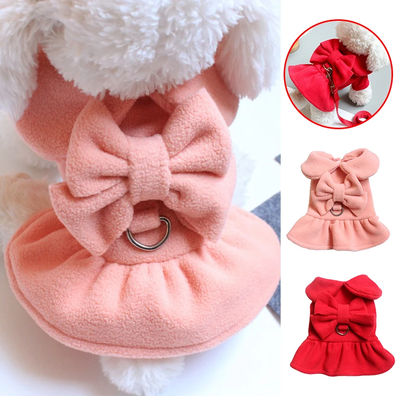 

Pet Princess Dress Winter Warm Fleece Skirt Christmas Harness Traction Rope Small Dog Coat Puppy Holiday Clothes Poodle Yorkie