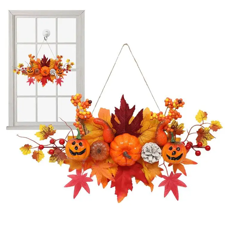 

Halloween Pumpkin Maple Leaf Wreath Autumn Front Door Wreath Portable Autumn Wooden Harvest Home Pendant For Living Room Bedroom