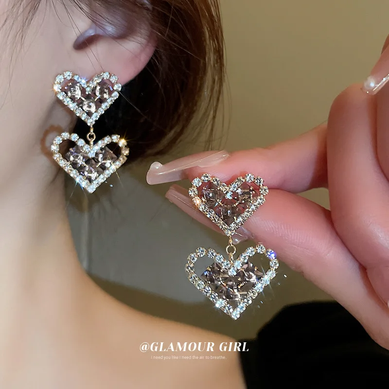 

35mmRhinestone Double Heart Exaggerated Drop Earrings