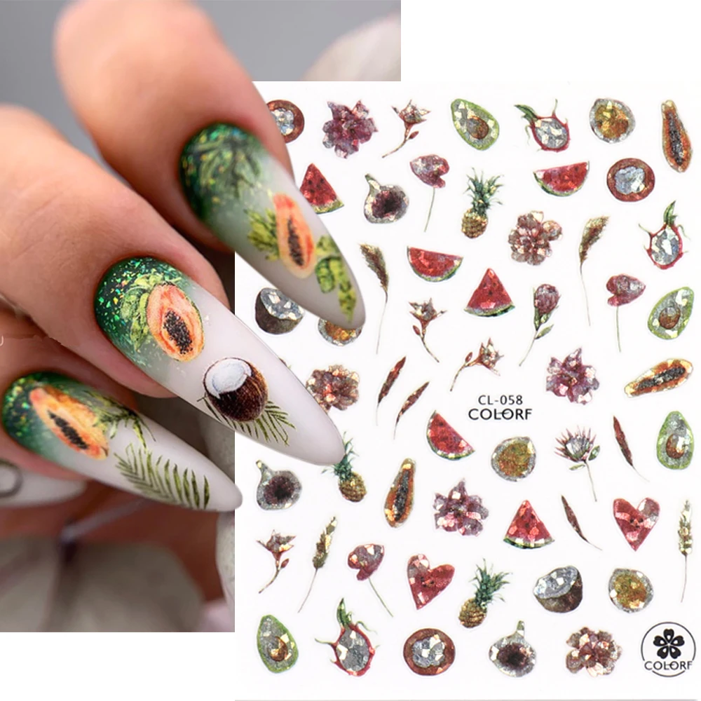 3D Fruits Nail Stickers Summer Decor Watermelon Coconut Pineapple Sliders Tropical Leaf Vacation Beach Sea Nail Decals GLCL058