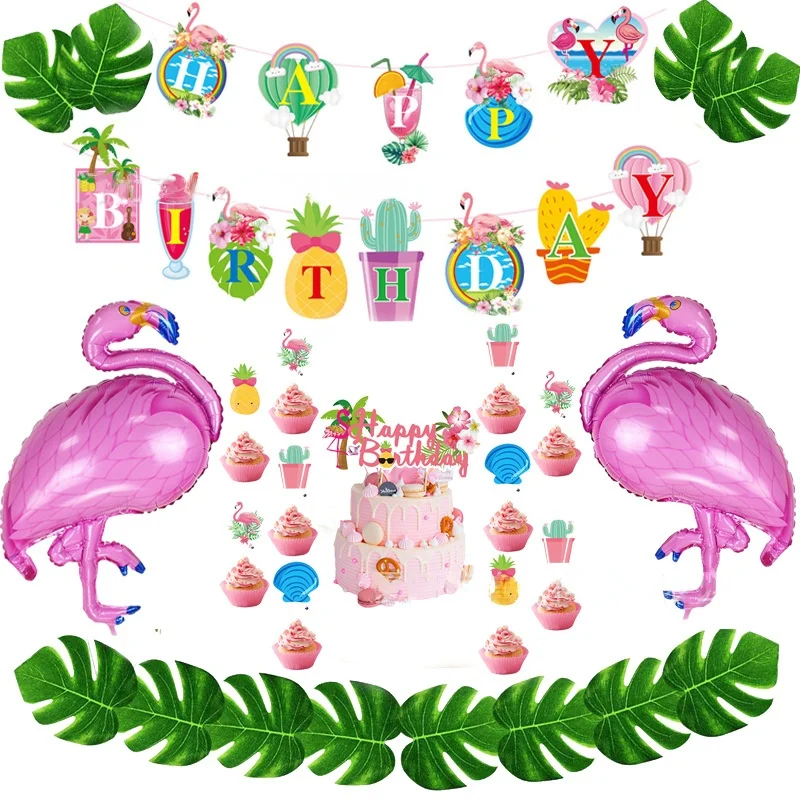 

SURSURPIRSE Hawaii Theme Pink Flamingo Foil Balloon Cake Topper Plam Leaf Banner for Girl Birthday Party Baby Shower Supplies