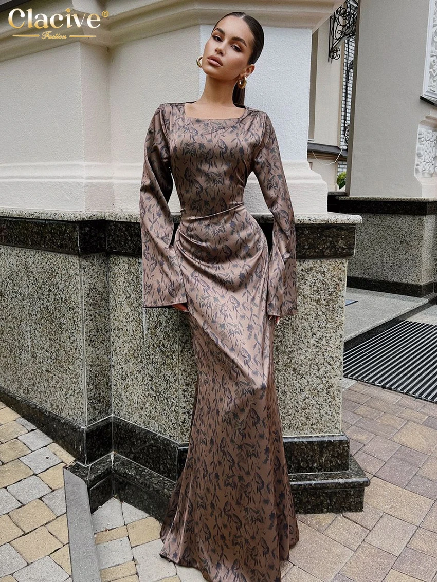 Clacive модное тонкое женское платье с принтом 2022 облегающее макси круглым вырезом и