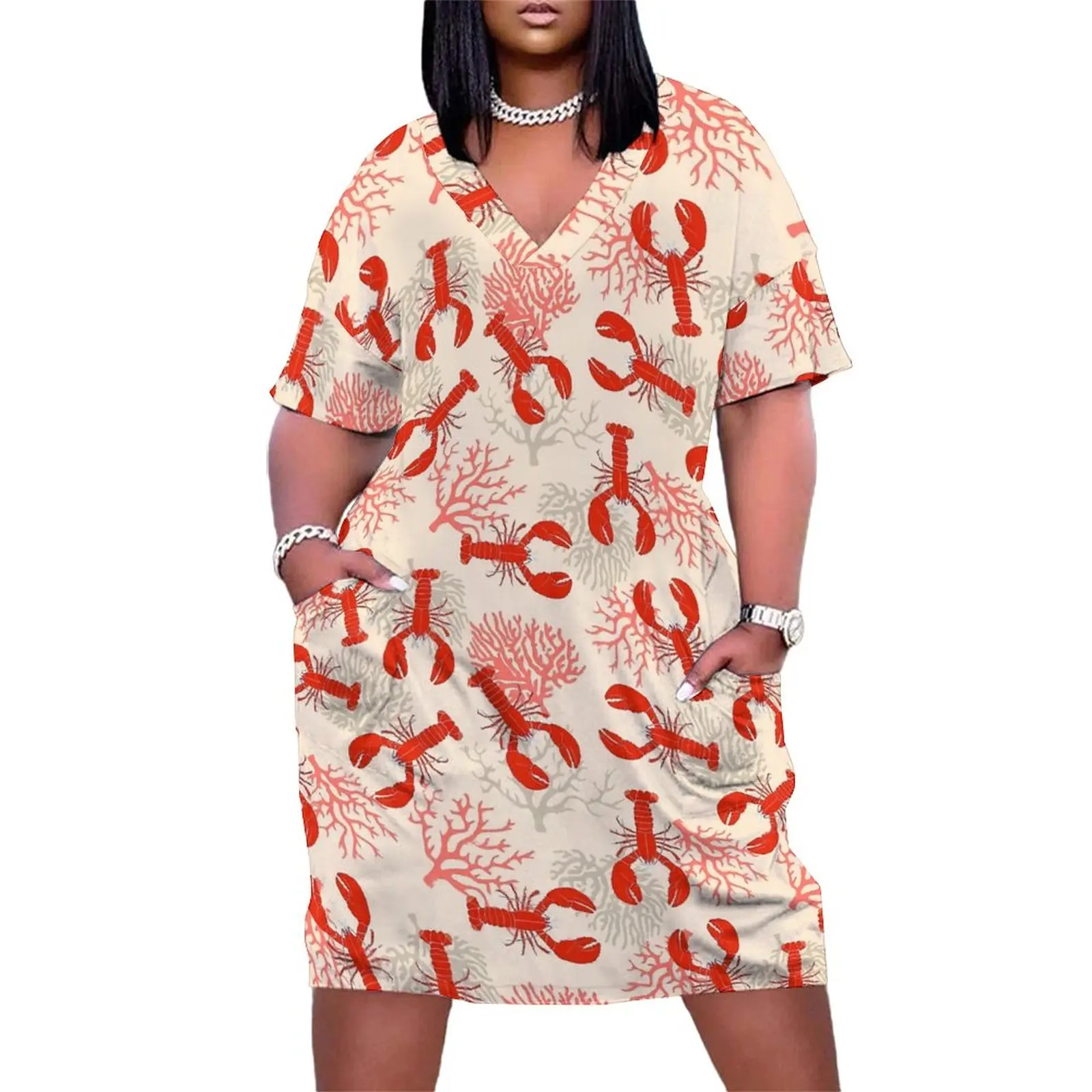 

Red Lobsters Dress V Neck Coastal Coral Vintage Dresses Women Street Style Custom Casual Dress With Pockets Large Size